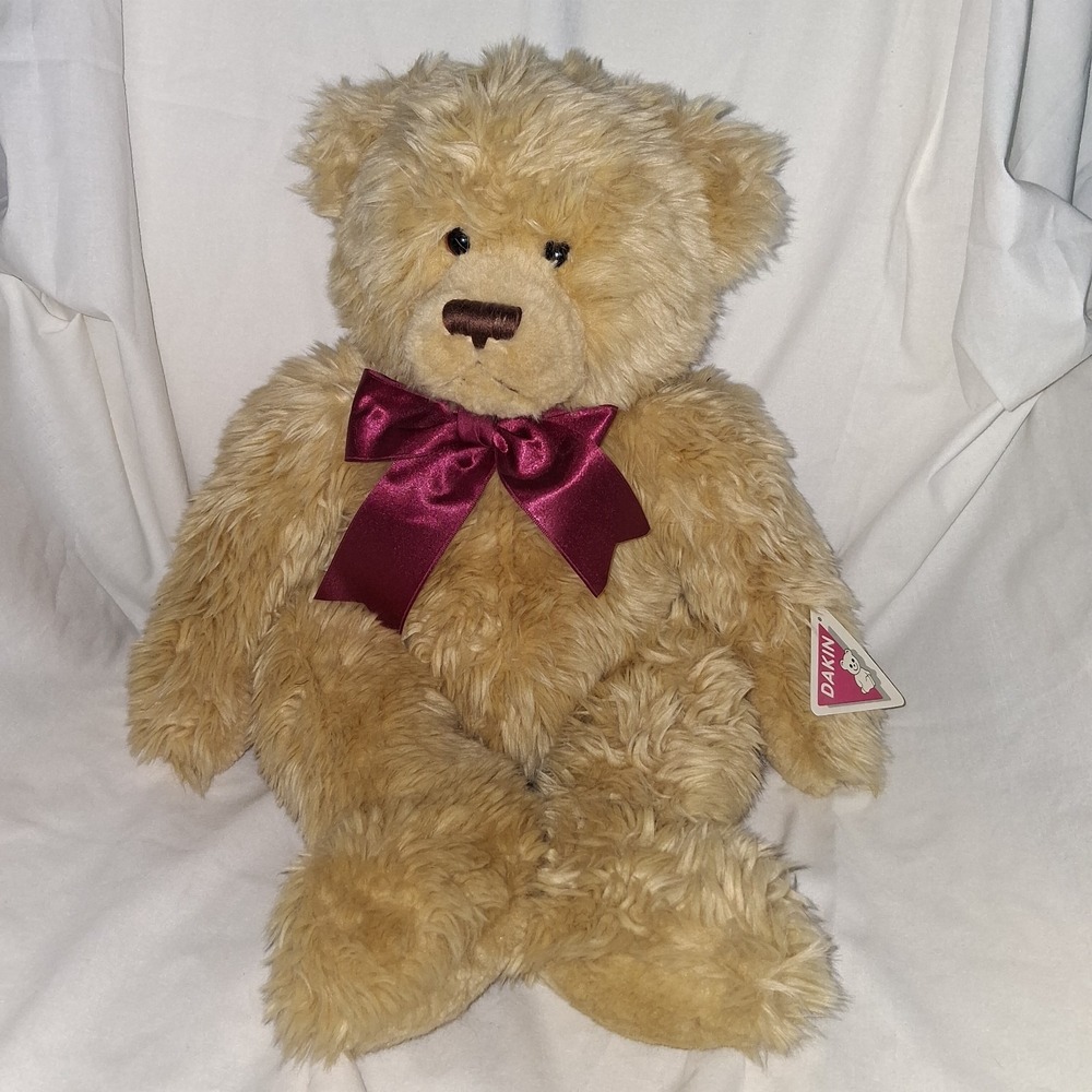 Vintage 1980's Dakin 16"‎ Inch Tan Teddy Bear Red Bow Plush Stuffed Animal NWT